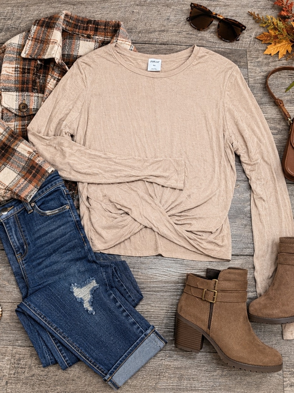Twist-Front Long Sleeve Tee in Tan